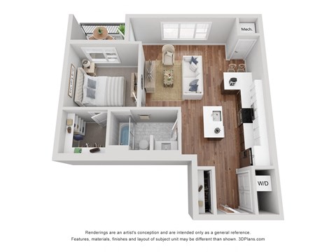 A3 floor plan is 1 Bed, 1 Bath at 775 Sq. Ft.
From the entry door, to the left is the washer/dryer closet, followed by the bathroom, bedroom, and patio. From the entry door, to the right is the kitchen, followed by the living room and patio.